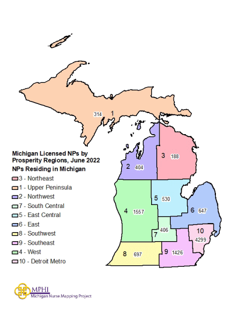 Michigan map of NPs by prosperity region in 2022